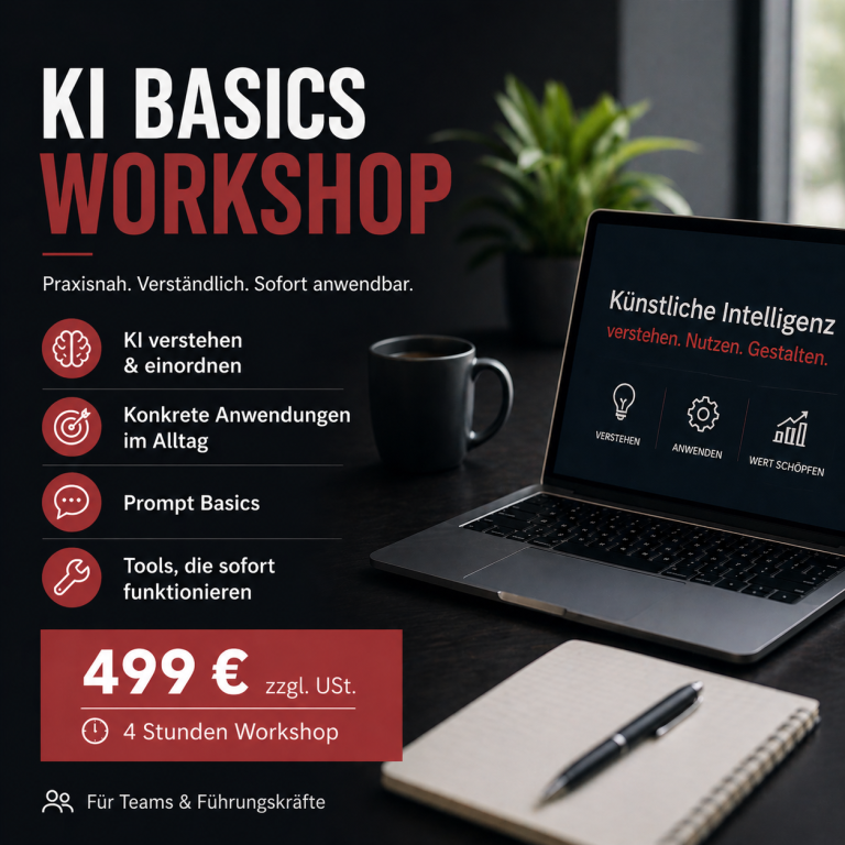 Workshop: KI-Grundlagen, Anwendungen und Tools, 4 Stunden, 499 € exkl. USt.