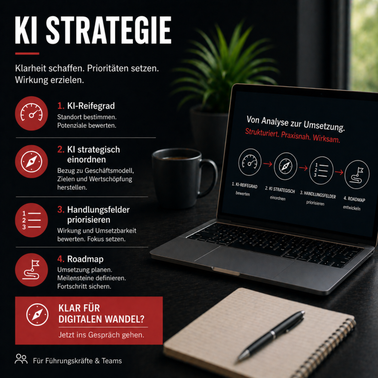 Laptop mit Notizen zu KI-Strategie, inklusive Schritte und Prioritäten für digitale Transformation.